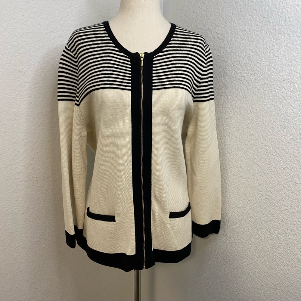 Talbots Cream and Black Zip Front Striped Cardigan